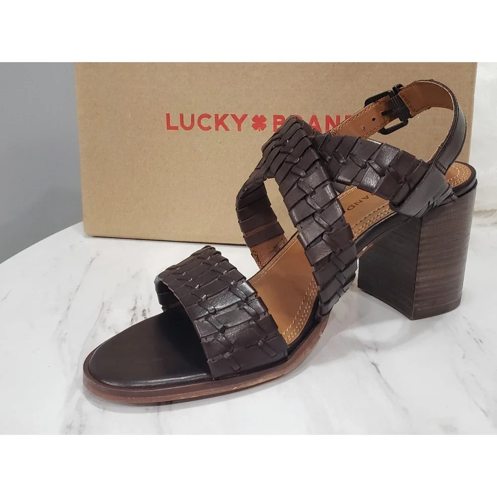 NEW SZ 10 Lucky Brand Shoes DARK Brown Leather Block Heel Sandals Dabene‎ chunky